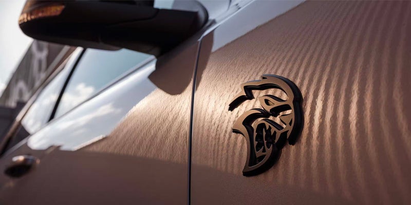 A close look at the hellcat badge on a durango.