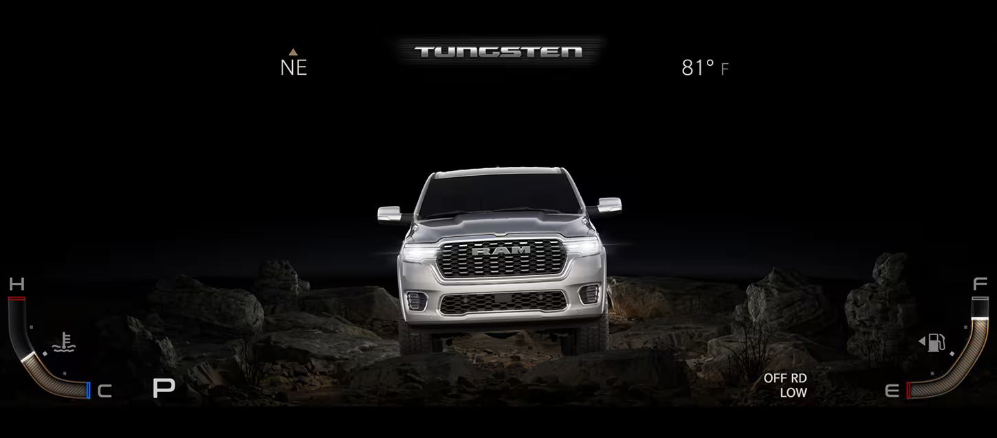 a white truck with tungsten in the header