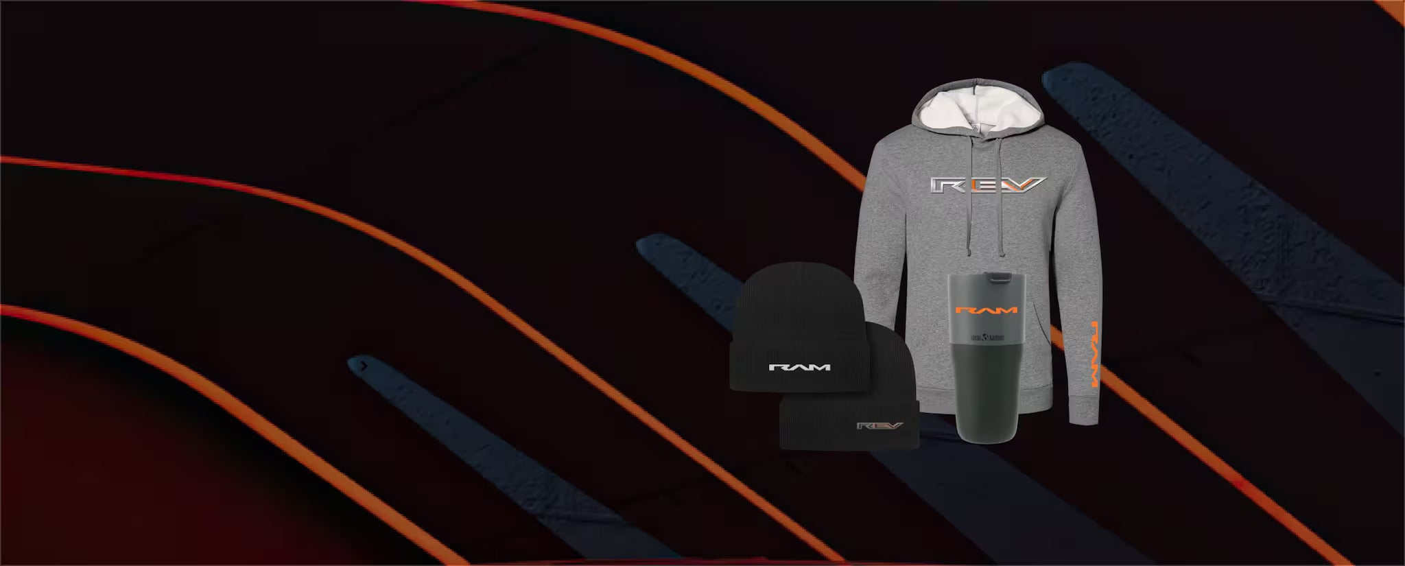 Assortment of Ram REV branded merchandise, including a hoodie, beanies, and a tumbler, displayed against a dark background with orange accents.