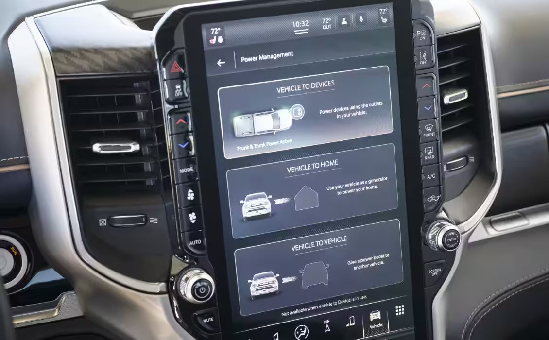 Close-up of the infotainment screen in the 2025 Ram 1500 REV, displaying power management options for the vehicle.